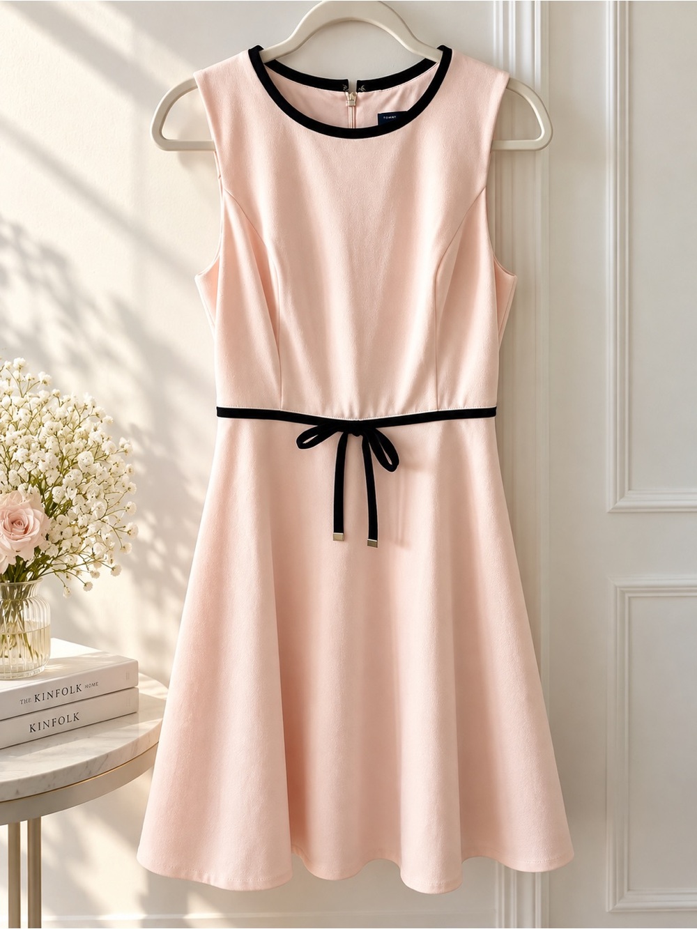 Tommy Hilfiger Pink Fit & Flare Dress Size 4 Sleeveless Black Trim Bow Waist